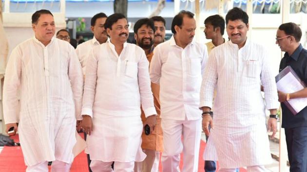 NCP leaders at the Vidhan Bhavan. (anshuman poyrekar/ht photo) NCP leaders at the Vidhan Bhavan. (anshuman poyrekar/ht photo)