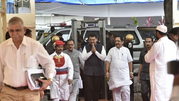 CM Devendra Fadnavis arrives on the first day of the monsoon session on Monday. (Anshuman Poyrekar/HT) CM Devendra Fadnavis arrives on the first day of the monsoon session on Monday. (Anshuman Poyrekar/HT)