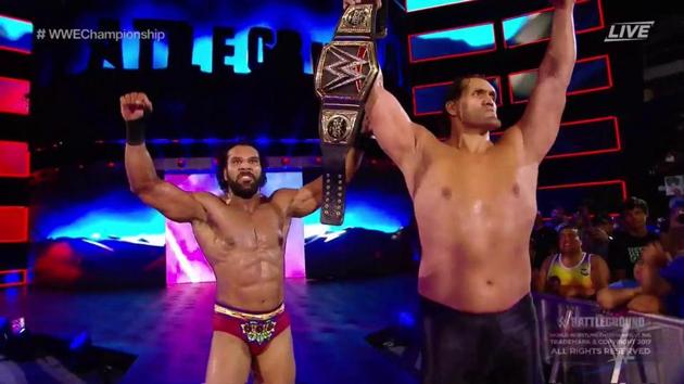 Jinder Mahal retained his WWE Championship at WWE’s latest pay-per-view Battleground with some help from The Great Khali.(Twitter)