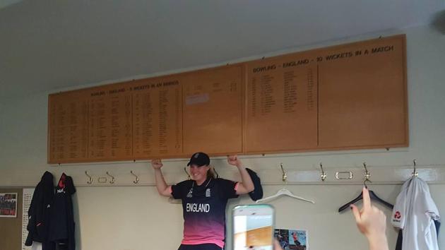 Anya Shrubsole poses in front of the honours board at Lord’s after her magnificent 6/46 (ICC FACEBOOK) Anya Shrubsole poses in front of the honours board at Lord’s after her magnificent 6/46 (ICC FACEBOOK)