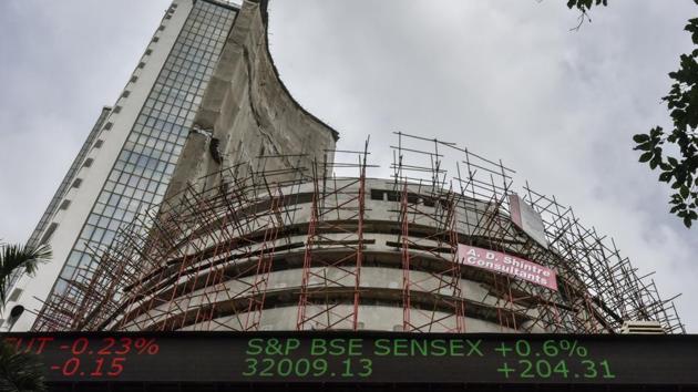The digital broadcast on the facade of the Bombay Stock Exchange (BSE) displays the benchmark share index. (HT File Photo) The digital broadcast on the facade of the Bombay Stock Exchange (BSE) displays the benchmark share index. (HT File Photo)