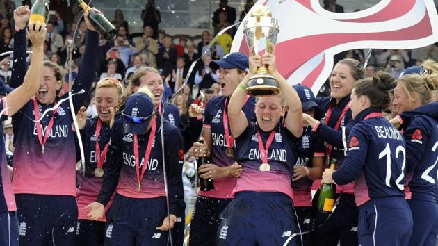 England clinched their fourth World Cup title in dramatic style after defeating India by nine runs in the final of the ICC Women’s World Cup at Lord’s. (AP) England clinched their fourth World Cup title in dramatic style after defeating India by nine runs in the final of the ICC Women’s World Cup at Lord’s. (AP)