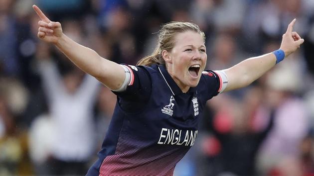 England's Anya Shrubsole celebrates taking the wicket of India's Jhulan Goswami during the ICC Women's Cricket World Cup. (AFP)