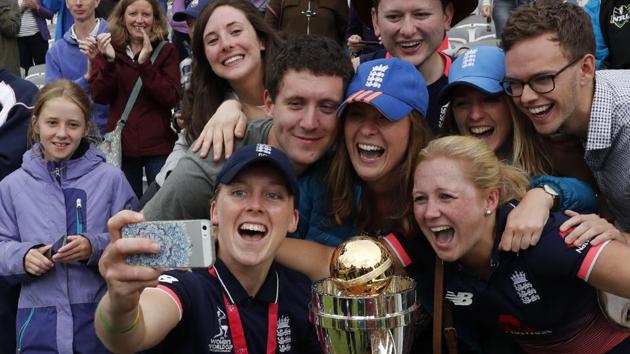 Captain Heather Knight also posed with the fans as they celebrated. (AFP) Captain Heather Knight also posed with the fans as they celebrated. (AFP)