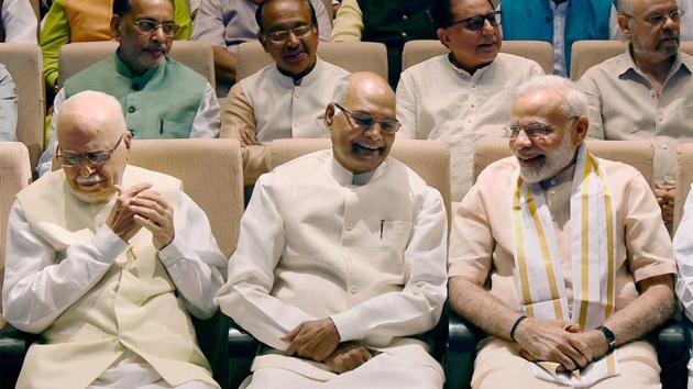 President-elect Ram Nath Kovind with Prime Minister Narendra Modi and senior BJP leader LK Advani in New Delhi, July 16, 2017(PTI)