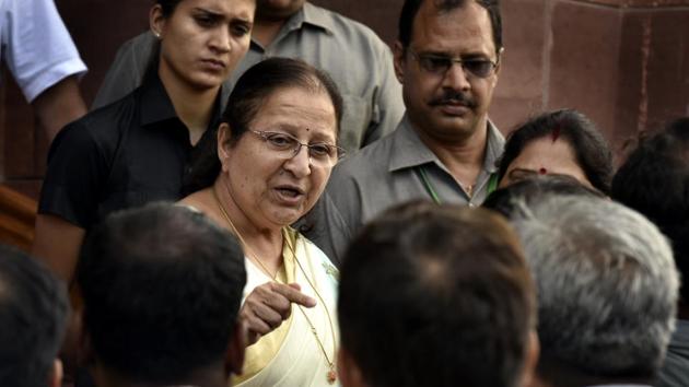 Sumitra Mahajan’s comments came shortly after she suspended six Congress MPs from the House for five days for their “highly unbecoming” conduct during protests over the lynching issue that “undermined the Chair’s dignity”. (Raj K Raj/HT Photo) Sumitra Mahajan’s comments came shortly after she suspended six Congress MPs from the House for five days for their “highly unbecoming” conduct during protests over the lynching issue that “undermined the Chair’s dignity”. (Raj K Raj/HT Photo)
