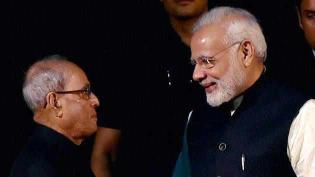 President Pranab Mukherjee and Prime Minister Narendra Modi exchange greetings at the release of the special book "Various Reports, 4th Volume of Selected Speeches of the President", at Rashtrapati Bhavan in New Delhi on Monday. (PTI) President Pranab Mukherjee and Prime Minister Narendra Modi exchange greetings at the release of the special book "Various Reports, 4th Volume of Selected Speeches of the President", at Rashtrapati Bhavan in New Delhi on Monday. (PTI)