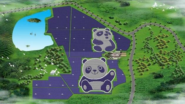 The plant is built with darker crystalline silicon and lighter-coloured thin film solar cells, and resembles a cartoon giant panda from the air. (www.pandagreen.com) The plant is built with darker crystalline silicon and lighter-coloured thin film solar cells, and resembles a cartoon giant panda from the air. (www.pandagreen.com)