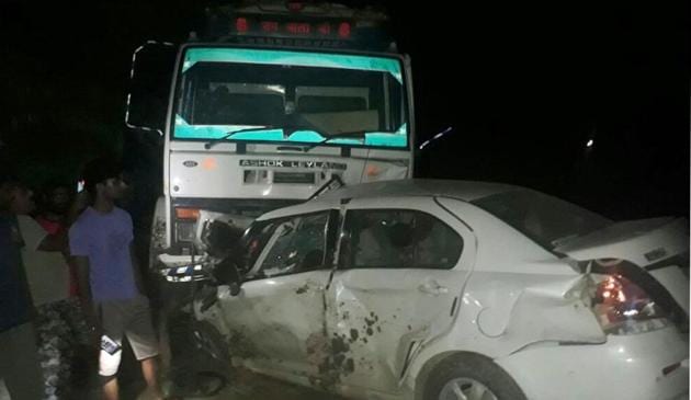 The car which collided with a canter near Jalalabad in Fazilka on Monday night.(HT Photo)