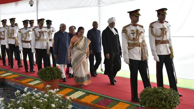 Outgoing President Pranab Mukherjee and Kovind arrived in the Central Hall in a ceremonial procession, where Ram Nath Kovind was administered the oath by Chief Justice of India JS Khehar. (Mohd Zakir / HT Photo) Outgoing President Pranab Mukherjee and Kovind arrived in the Central Hall in a ceremonial procession, where Ram Nath Kovind was administered the oath by Chief Justice of India JS Khehar. (Mohd Zakir / HT Photo)