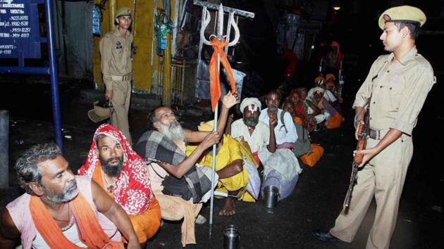 Security personnel keeping a vigil as sadhus gather to head towards Kashmir to pay obeisance at the Amarnath shrine cave, days after militant attack on pilgrims in Anantnag. (PTI Photo) Security personnel keeping a vigil as sadhus gather to head towards Kashmir to pay obeisance at the Amarnath shrine cave, days after militant attack on pilgrims in Anantnag. (PTI Photo)