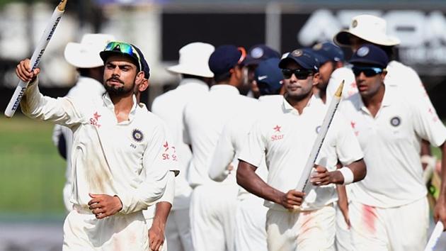 Indian cricket team skipper Virat Kohli celebrates with teammates after beating Sri Lanka cricket team on the final day of the third Test against at the Sinhalese Sports Club (SSC) in Colombo on September 1, 2015. With the win, the Kohli-led Indian side broke a hoodoo by winning a Test series in Sri Lanka for the first time since 1993. (Getty Images) Indian cricket team skipper Virat Kohli celebrates with teammates after beating Sri Lanka cricket team on the final day of the third Test against at the Sinhalese Sports Club (SSC) in Colombo on September 1, 2015. With the win, the Kohli-led Indian side broke a hoodoo by winning a Test series in Sri Lanka for the first time since 1993. (Getty Images)