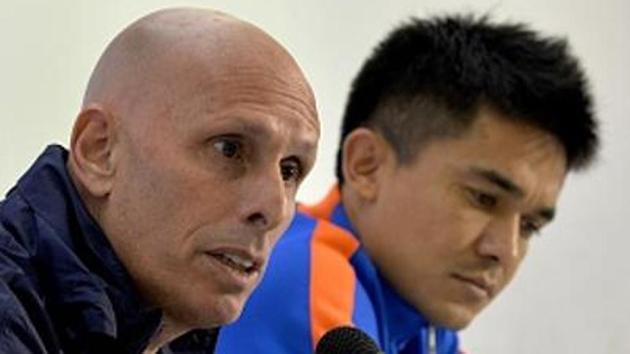 Indian national football team head coach Stephen Constantine (L) said his preparations for some of the 2018 FIFA World Cup qualifiers were hampered by the Indian Super League (ISL), with players being released three days before a game. (AFP/Getty Images) Indian national football team head coach Stephen Constantine (L) said his preparations for some of the 2018 FIFA World Cup qualifiers were hampered by the Indian Super League (ISL), with players being released three days before a game. (AFP/Getty Images)