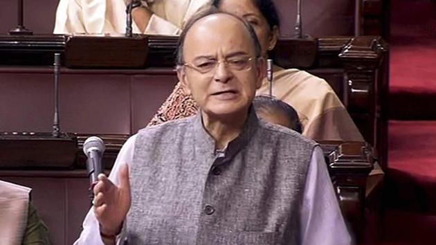 Union Minister Arun Jaitley speaks in the Rajya Sabha during the ongoing monsoon session of Parliament in New Delhi on Tuesday.(PTI)