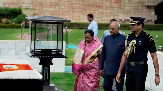 The morning had begun with the president-elect offering floral tributes to Mahatma Gandhi at Rajghat. (PTI) The morning had begun with the president-elect offering floral tributes to Mahatma Gandhi at Rajghat. (PTI)
