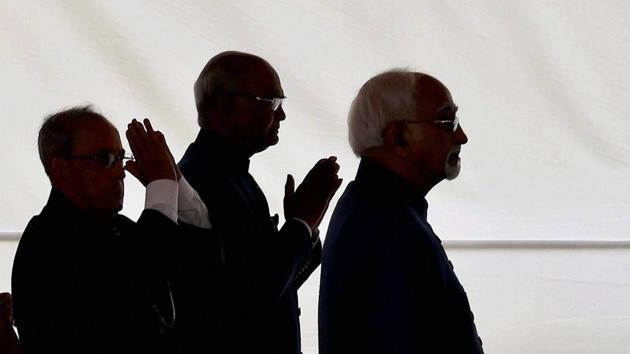 President Pranab Mukherjee, President-elect Ram Nath Kovind and Vice President Hamid Ansari in a ceremonial procession at Parliament House for the swearing-in ceremony on July 25. (PTI Photo) President Pranab Mukherjee, President-elect Ram Nath Kovind and Vice President Hamid Ansari in a ceremonial procession at Parliament House for the swearing-in ceremony on July 25. (PTI Photo)