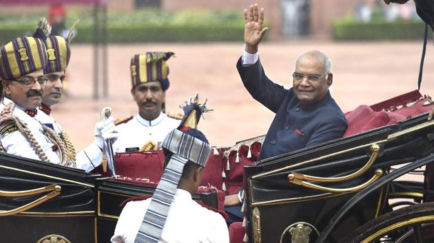 India's new President Ram Nath Kovind, waves as he arrives in a traditional horse driven carriage at the Presidential Palace after being sworn in, in New Delhi, India, on Tuesday, July 25, 2017. (Arvind Yadav/HT PHOTO) India's new President Ram Nath Kovind, waves as he arrives in a traditional horse driven carriage at the Presidential Palace after being sworn in, in New Delhi, India, on Tuesday, July 25, 2017. (Arvind Yadav/HT PHOTO)