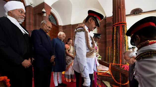 President Pranab Mukherjee arrives to attend the swearing-in ceremony. (PTI) President Pranab Mukherjee arrives to attend the swearing-in ceremony. (PTI)