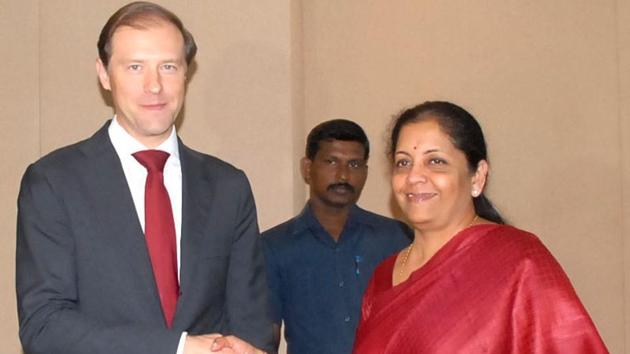 Minister of industry and trade of the Russian Federation Denis Manturov with commerce and industry minister Nirmala Sitharaman, in Chennai in March, 2017.(PIB File)