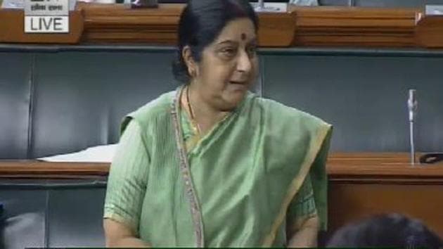External affairs minister Sushma Swaraj speaks in Lok Sabha.(ANI Photo)