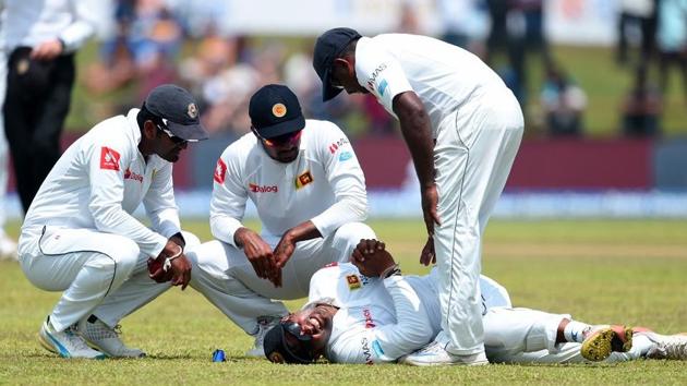 Asela Gunaratne, who fractured his thumb on the opening day of the Galle Test against India, has been ruled out of remainder of the series. (Twitter) Asela Gunaratne, who fractured his thumb on the opening day of the Galle Test against India, has been ruled out of remainder of the series. (Twitter)