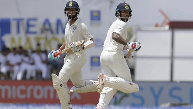 Cheteshwar Pujara and Shikhar Dhawan both scored centuries as India ended Day 1 of the first Test against Sri Lanka at 399/3. Get full cricket score of India vs Sri Lanka here. (AP) Cheteshwar Pujara and Shikhar Dhawan both scored centuries as India ended Day 1 of the first Test against Sri Lanka at 399/3. Get full cricket score of India vs Sri Lanka here. (AP)