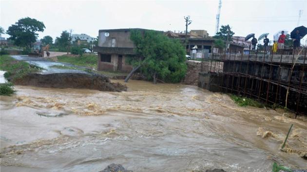 A washed away road in a flood affected area in Ranchi.(PTI Photo)