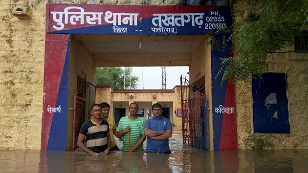 Two Indian Air Force (IAF) helicopters rescued seven people stranded on a tree in flood-affected Jalore of south-west Rajasthan . (PTI) Two Indian Air Force (IAF) helicopters rescued seven people stranded on a tree in flood-affected Jalore of south-west Rajasthan . (PTI)