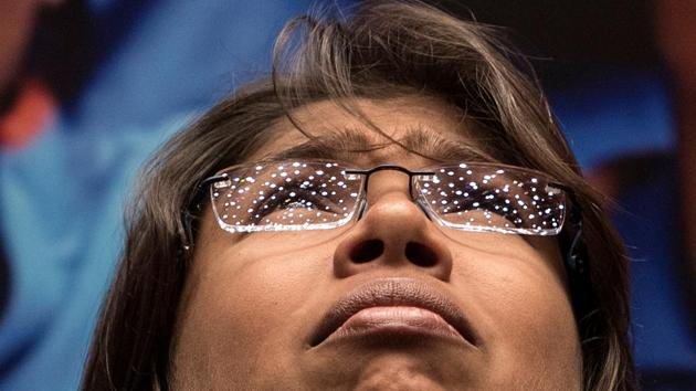 A reflection of ceiling  lights have a special effect on India’s senior pacer Jhulan Goswami’s spectacles during the press conference at J W Marriott in Mumbai. (Satish Bate/HT Photo) 