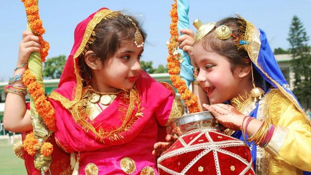 Students of Shamrock Christian School celebrating Teej festival in Ludhiana on Wednesday. (HT Photo) Students of Shamrock Christian School celebrating Teej festival in Ludhiana on Wednesday. (HT Photo)