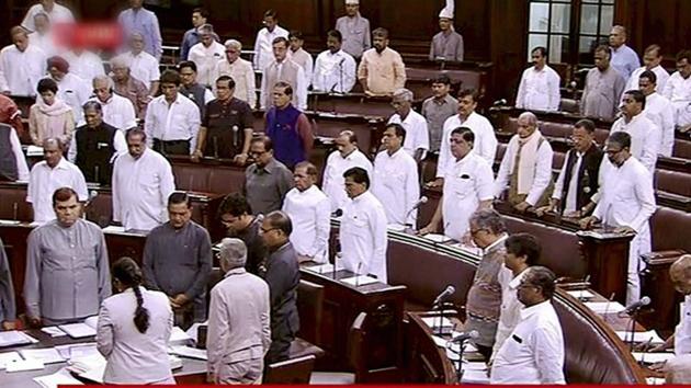 The members observe silence during an obituary reference in the Rajya Sabha in New Delhi on Tuesday. (PTI Photo) The members observe silence during an obituary reference in the Rajya Sabha in New Delhi on Tuesday. (PTI Photo)