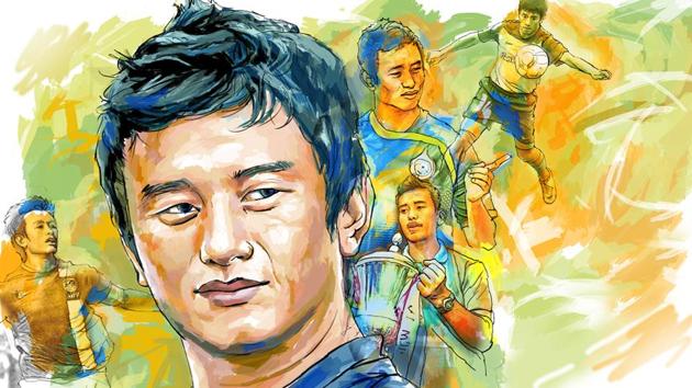 Bhaichung Bhutia, Indian football team captain, played 104 matches for the national side and scored 40 goals. (Illustration: Malay Karmakar) Bhaichung Bhutia, Indian football team captain, played 104 matches for the national side and scored 40 goals. (Illustration: Malay Karmakar)
