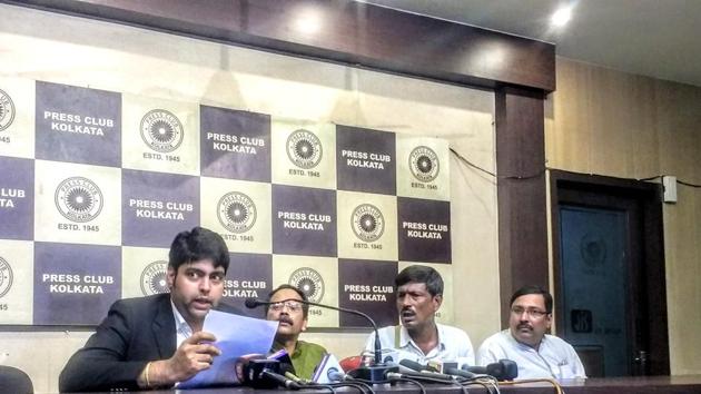 Siksha Sanskriti Utthan Nyas office bearers and their lawyer at the Kolkata Press Club on Wednesday (HT Photo) Siksha Sanskriti Utthan Nyas office bearers and their lawyer at the Kolkata Press Club on Wednesday (HT Photo)