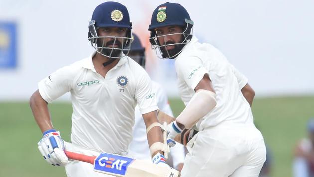 Ajinkya Rahane (L) and Cheteshwar Pujara resumed India’s innings on Day 2 of the first Test against Sri Lanka at 399/3 at Galle on Thursday. (AFP)