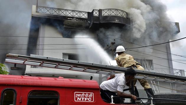 The fire started around 8.30am on Thursday and could be put out only by 5pm. Over 20 fire tenders and 50 personnel were involved in the firefighting operation. (Sakib Ali/HT Photo) The fire started around 8.30am on Thursday and could be put out only by 5pm. Over 20 fire tenders and 50 personnel were involved in the firefighting operation. (Sakib Ali/HT Photo)