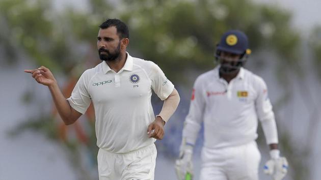 Mohammed Shami celebrates the fall of a wicket. Get live cricket score of India vs Sri Lanka, 1st Test, day 2 from Galle here. (AP) Mohammed Shami celebrates the fall of a wicket. Get live cricket score of India vs Sri Lanka, 1st Test, day 2 from Galle here. (AP)