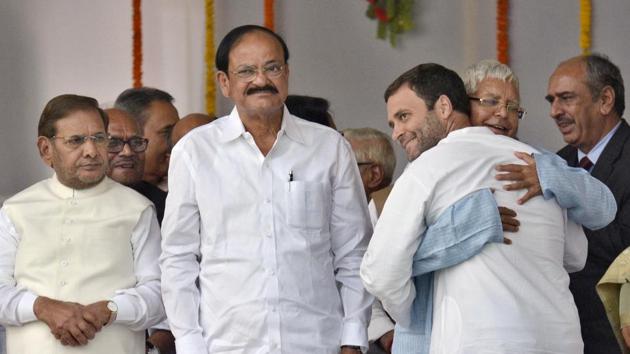 RJD Chief Lalu Yadav hugs Congress vice president Rahul Gandhi during oath taking ceremony of Nitish Kumar in 2015. (HT File Photo) RJD Chief Lalu Yadav hugs Congress vice president Rahul Gandhi during oath taking ceremony of Nitish Kumar in 2015. (HT File Photo)