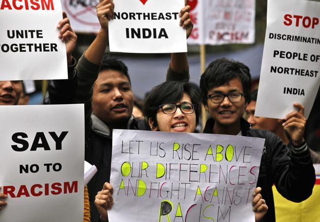 Northeast students participate in a protest demonstration condemning the killing of student Nido Taniam and rape of a minor girl from Manipur at Vijay Chowk, New Delhi.(Raj K Raj/Hindustan Times) Northeast students participate in a protest demonstration condemning the killing of student Nido Taniam and rape of a minor girl from Manipur at Vijay Chowk, New Delhi.(Raj K Raj/Hindustan Times)