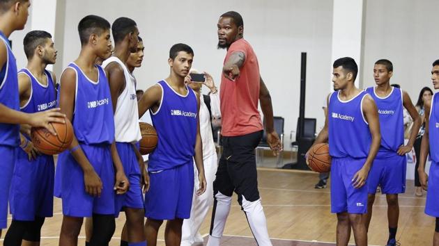 Kevin Durant during a NBA promotional event in Greater Noida on Friday.(HT Photo)