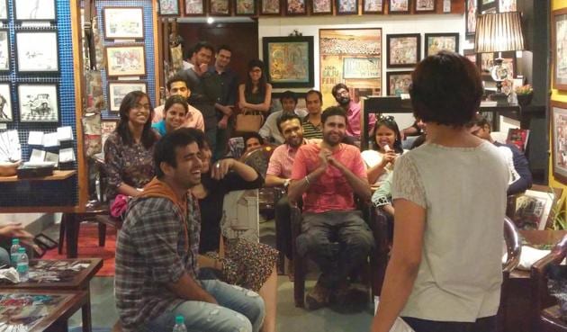Sonal Bhandari Biyani addresses an audience at the aPaulogy art gallery in Worli, during an open mic organised by Chalta Hai Comedy that she went on to win, in 2015. Sonal Bhandari Biyani addresses an audience at the aPaulogy art gallery in Worli, during an open mic organised by Chalta Hai Comedy that she went on to win, in 2015.