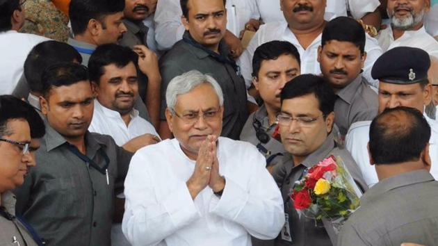 Bihar chief minister Nitish Kumar outside the legislative assembly after winning the trust vote. (HT Photo) Bihar chief minister Nitish Kumar outside the legislative assembly after winning the trust vote. (HT Photo)