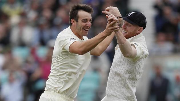Toby Roland-Jones celebrates the wicket of Heino Kuhn on the second day of the third Test match between England and South Africa at The Oval. Get full score of England vs South Africa here (AP) Toby Roland-Jones celebrates the wicket of Heino Kuhn on the second day of the third Test match between England and South Africa at The Oval. Get full score of England vs South Africa here (AP)