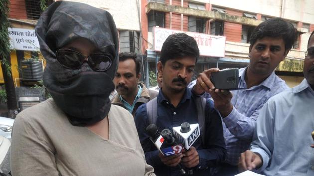 The complainant in the Rohit Tilak alleged rape case at the Vishrambaug police station.(HT PHOTO)