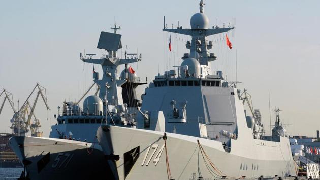 A photo taken on July 27, 2017 shows Chinese Type 052D missile destroyer Hefei (R) and Chinese Type 054A frigate Yuncheng (NATO designation Jiangkai) docked in Saint Petersburg. Chinese military ships will be part of the Naval Military Parade taking place in Saint Petersburg on Russia's Navy Day, July 30. (AFP) A photo taken on July 27, 2017 shows Chinese Type 052D missile destroyer Hefei (R) and Chinese Type 054A frigate Yuncheng (NATO designation Jiangkai) docked in Saint Petersburg. Chinese military ships will be part of the Naval Military Parade taking place in Saint Petersburg on Russia's Navy Day, July 30. (AFP)