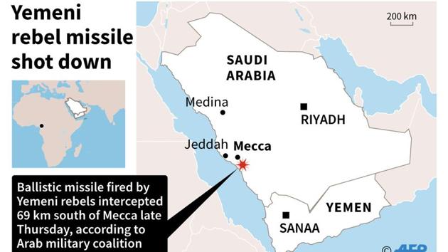 Map of Saudi Arabia locating Mecca. A ballistic missile fired by Yemeni rebels was shot down late Thursday close to Mecca, the Arab military coalition fighting in Yemen said. (AFP Photo) Map of Saudi Arabia locating Mecca. A ballistic missile fired by Yemeni rebels was shot down late Thursday close to Mecca, the Arab military coalition fighting in Yemen said. (AFP Photo)