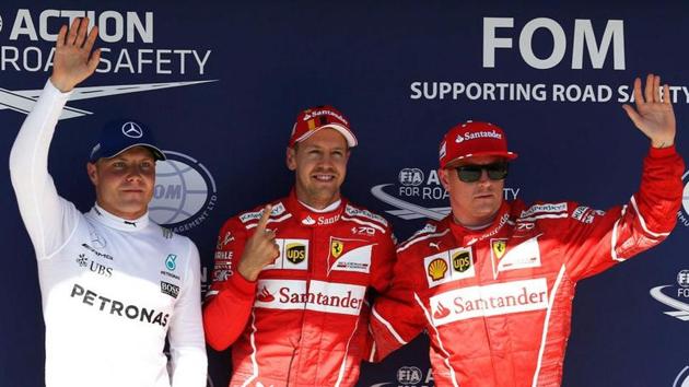 Ferrari’s Sebastian Vettel grabbed pole position for Sunday’s Hungarian Grand Prix ahead of teammate Kimi Raikkonen. Mercedes’ Valtteri Bottas (L) will start third. (Twitter) Ferrari’s Sebastian Vettel grabbed pole position for Sunday’s Hungarian Grand Prix ahead of teammate Kimi Raikkonen. Mercedes’ Valtteri Bottas (L) will start third. (Twitter)