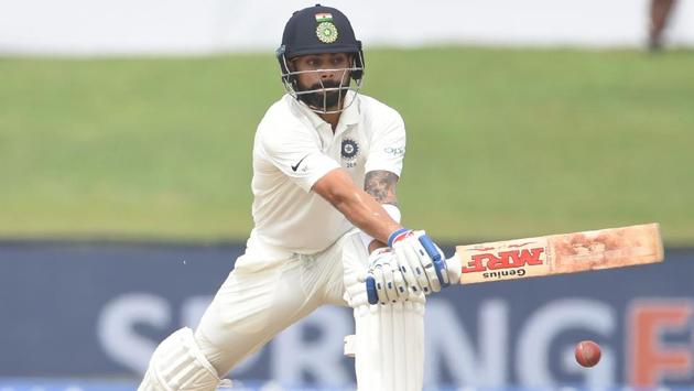 Resuming on Day 4, Virat Kohli smashed his 17th hundred in the second innings as India set Sri Lanka a target of 550. (AFP) Resuming on Day 4, Virat Kohli smashed his 17th hundred in the second innings as India set Sri Lanka a target of 550. (AFP)