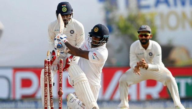 Dimuth Karunaratne, who looked set to get to a ton, fell to Ashwin on 97. (REUTERS) Dimuth Karunaratne, who looked set to get to a ton, fell to Ashwin on 97. (REUTERS)