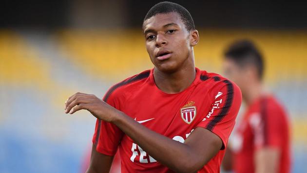 Monaco's French forward Kylian Mbappe takes part in a training session at the Grand Stade in Tangiers.(AFP)