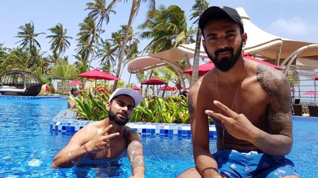 Virat Kohli and KL Rahul enjoying by the pool after India’s Galle Test win over Sri Lanka. (Twitter) Virat Kohli and KL Rahul enjoying by the pool after India’s Galle Test win over Sri Lanka. (Twitter)